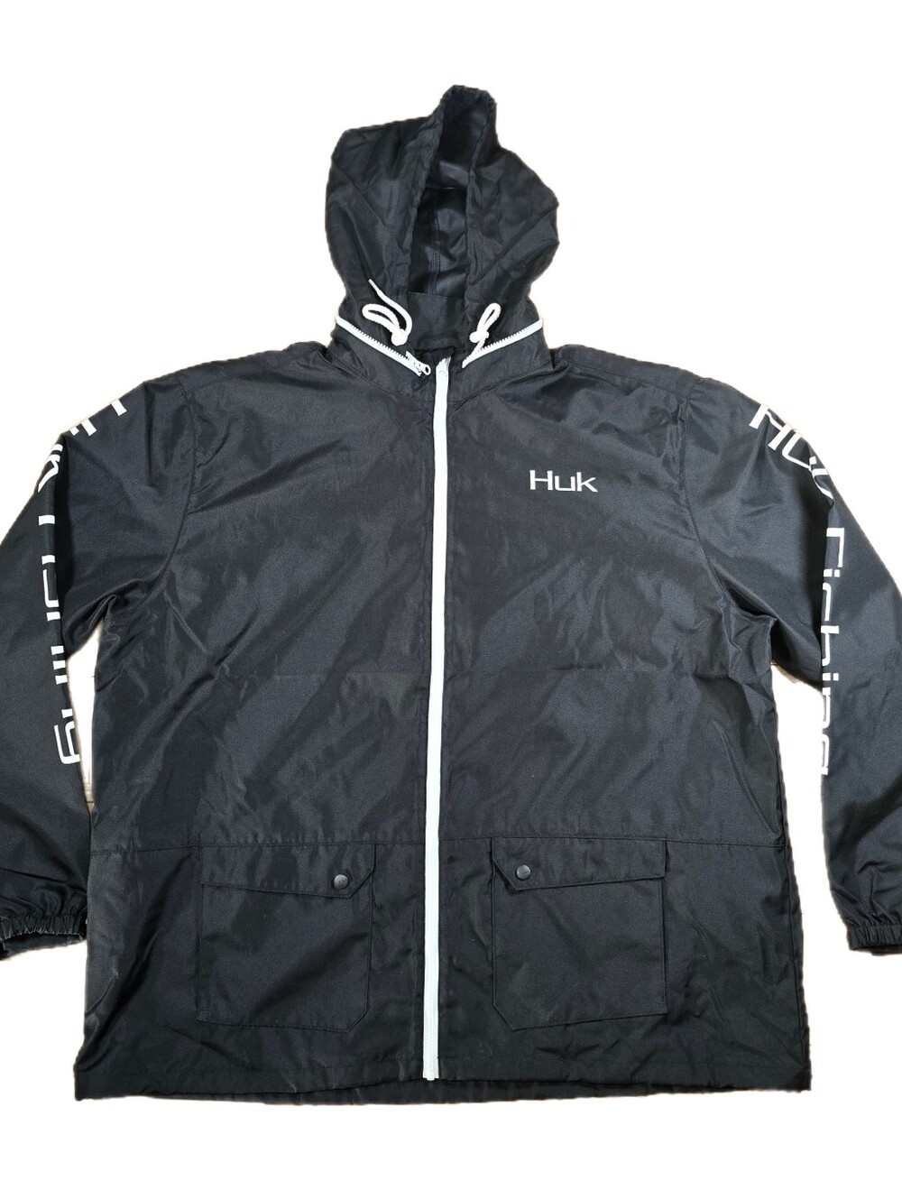 Huk Jacket Men's 3XL Black Hooded Windbreaker Fishing Full Zip Lightweight EUC
